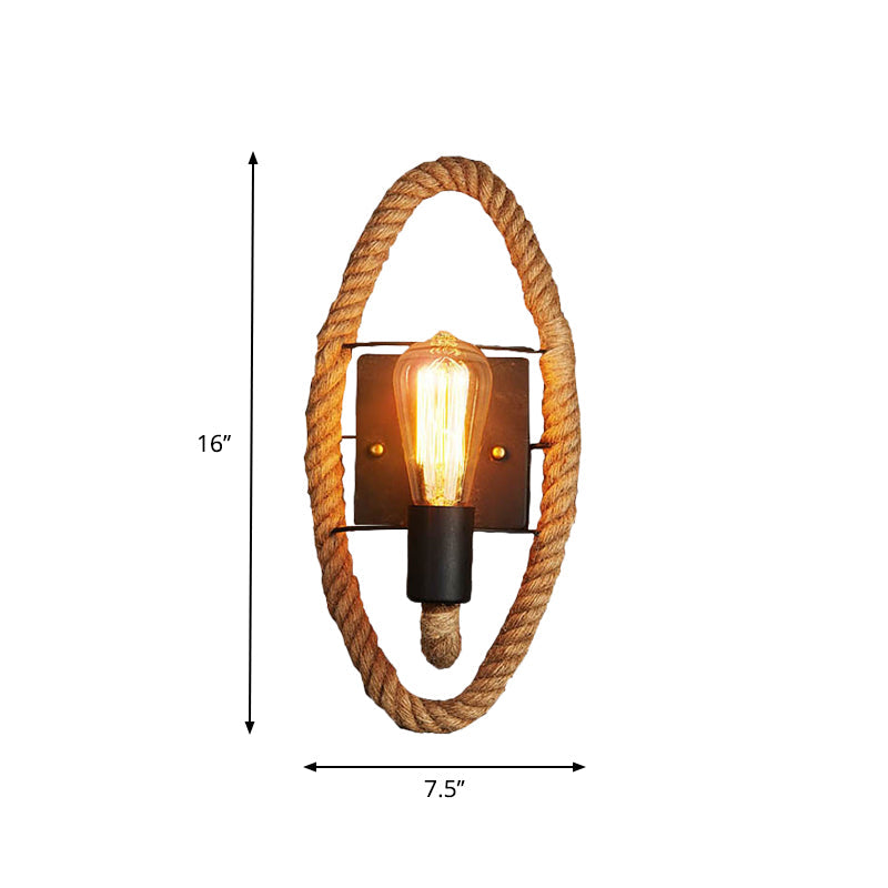 Sikunuo | 1-Head Rope Wall Lamp Loft Style Black Finish Round/Oval Hall Metal Wall Mount Lighting with Exposed Bulb