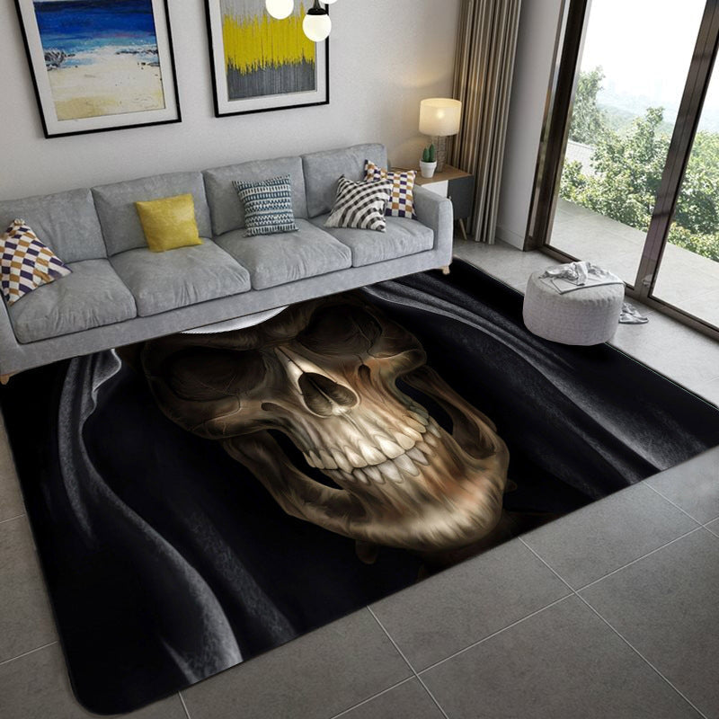 Sikunuo | Hip Hop Living Room Rug Black Optical Illusions Skull Rug Polypropylene Stain Resistant Pet Friendly Non-Slip Back Area Rug