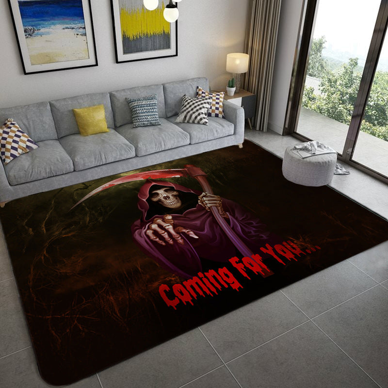 Sikunuo | Hip Hop Living Room Rug Black Optical Illusions Skull Rug Polypropylene Stain Resistant Pet Friendly Non-Slip Back Area Rug