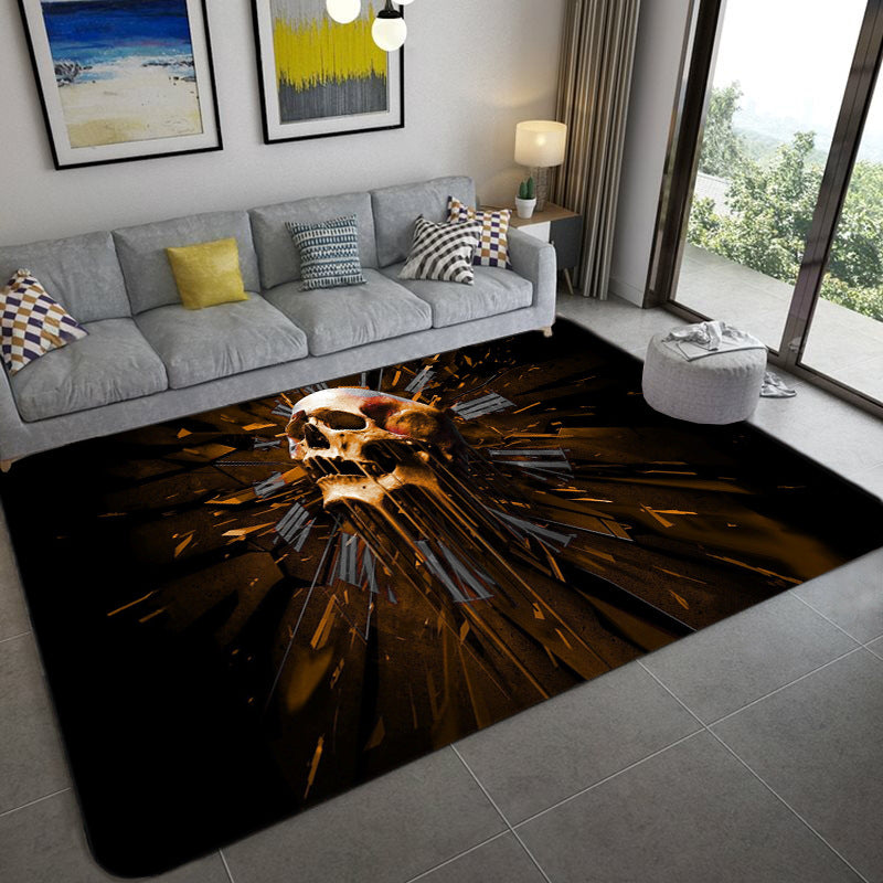 Sikunuo | Hip Hop Living Room Rug Black Optical Illusions Skull Rug Polypropylene Stain Resistant Pet Friendly Non-Slip Back Area Rug