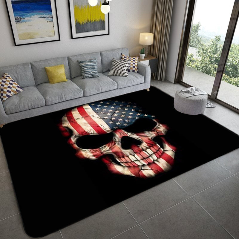 Sikunuo | Hip Hop Living Room Rug Black Optical Illusions Skull Rug Polypropylene Stain Resistant Pet Friendly Non-Slip Back Area Rug