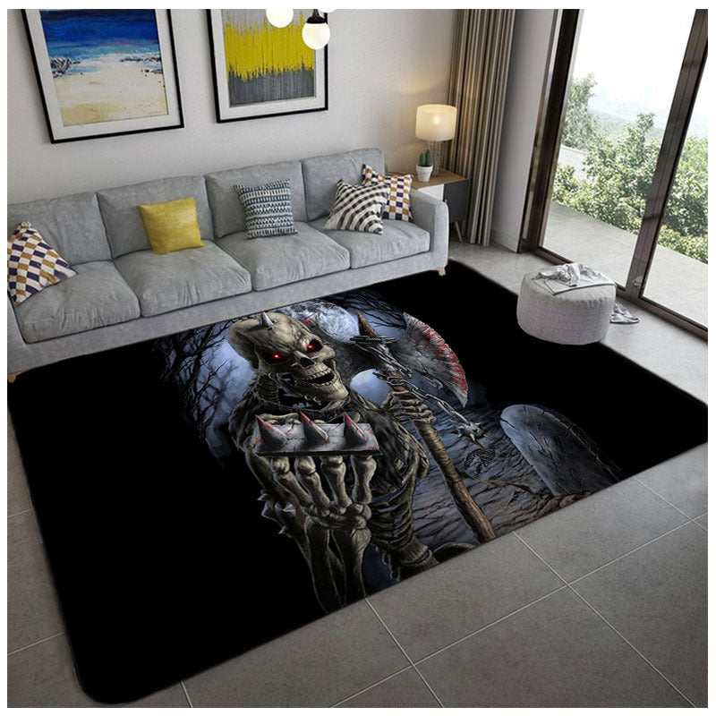 Sikunuo | Hip Hop Living Room Rug Black Optical Illusions Skull Rug Polypropylene Stain Resistant Pet Friendly Non-Slip Back Area Rug