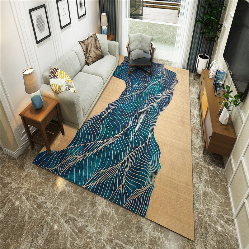 Sikunuo | New Chinoiserie Area Rug Multi Colored Abstract Wave Rug Stain Resistant Washable Non-Slip Backing Rug for Lounge