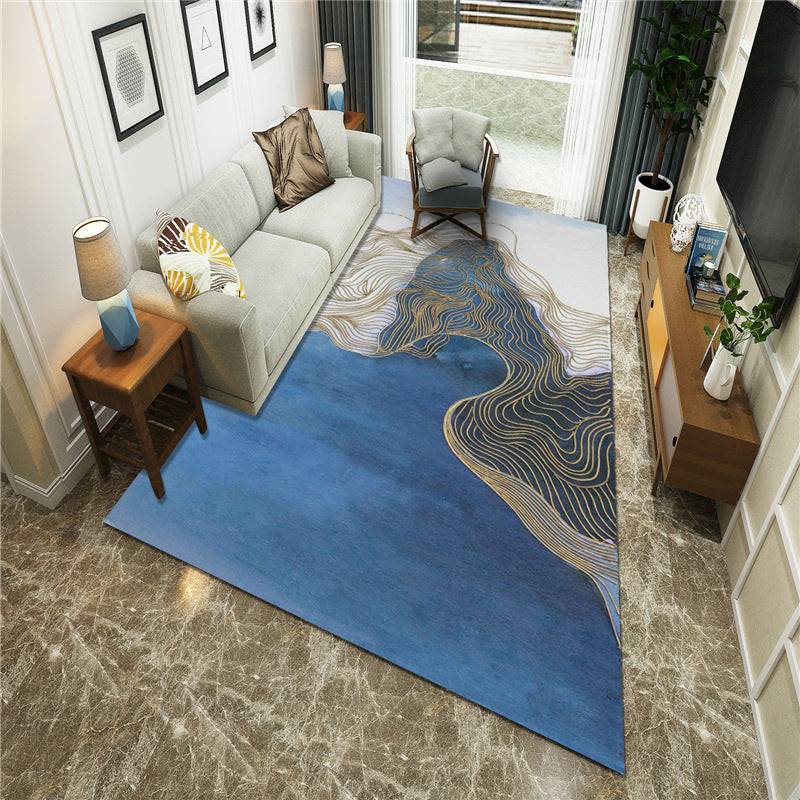Sikunuo | New Chinoiserie Area Rug Multi Colored Abstract Wave Rug Stain Resistant Washable Non-Slip Backing Rug for Lounge