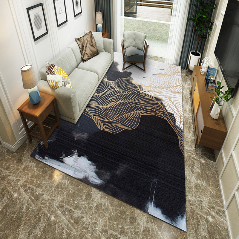Sikunuo | New Chinoiserie Area Rug Multi Colored Abstract Wave Rug Stain Resistant Washable Non-Slip Backing Rug for Lounge