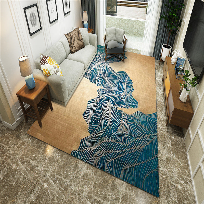 Sikunuo | New Chinoiserie Area Rug Multi Colored Abstract Wave Rug Stain Resistant Washable Non-Slip Backing Rug for Lounge