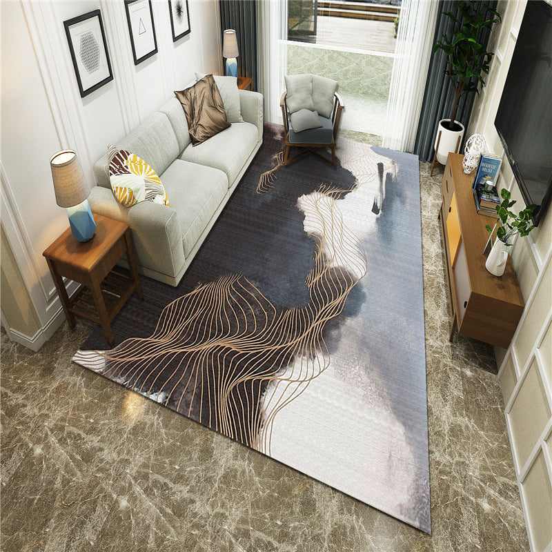 Sikunuo | New Chinoiserie Area Rug Multi Colored Abstract Wave Rug Stain Resistant Washable Non-Slip Backing Rug for Lounge