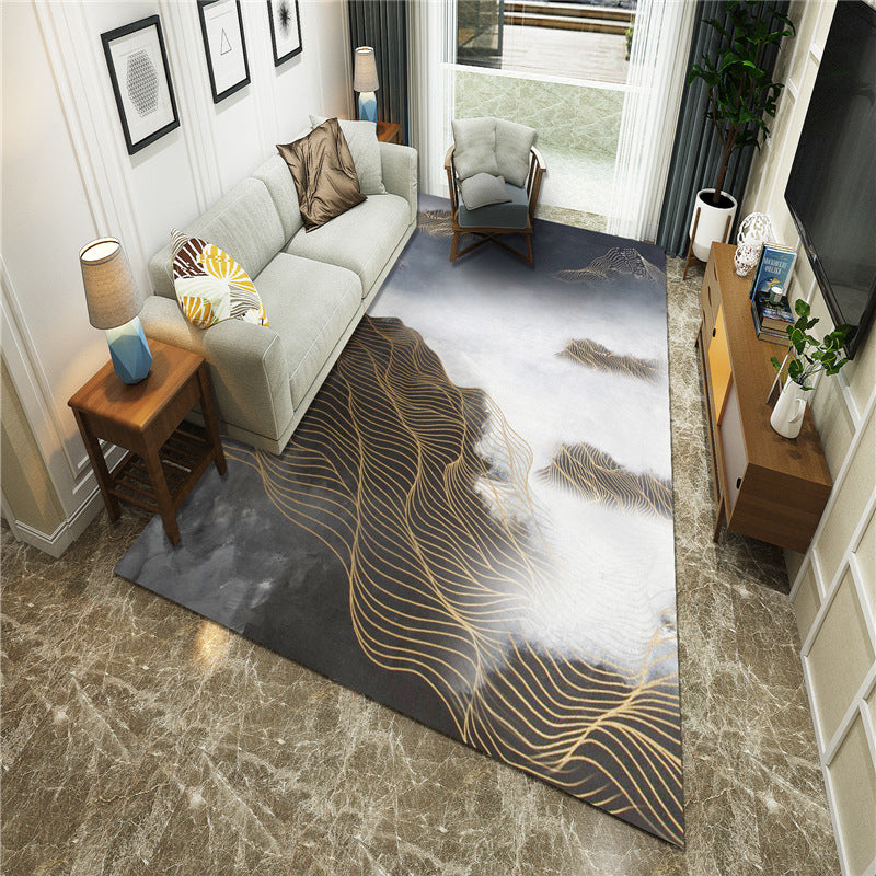 Sikunuo | New Chinoiserie Area Rug Multi Colored Abstract Wave Rug Stain Resistant Washable Non-Slip Backing Rug for Lounge