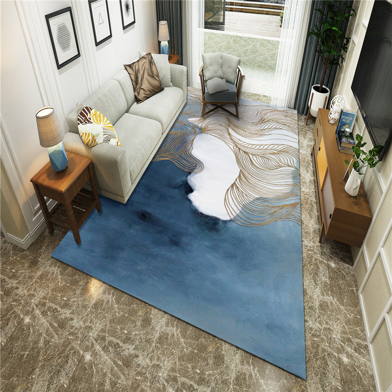 Sikunuo | New Chinoiserie Area Rug Multi Colored Abstract Wave Rug Stain Resistant Washable Non-Slip Backing Rug for Lounge