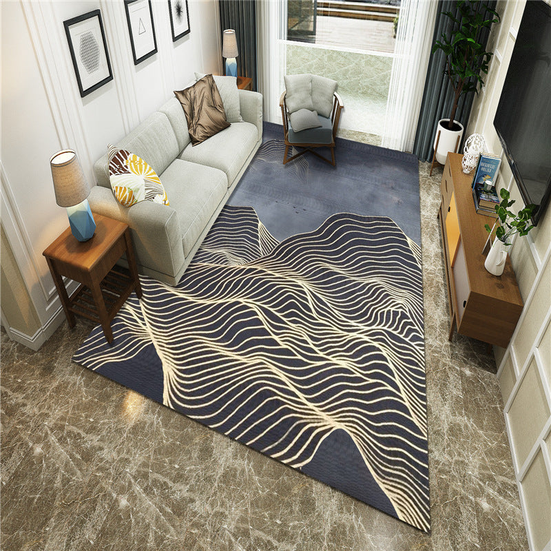 Sikunuo | New Chinoiserie Area Rug Multi Colored Abstract Wave Rug Stain Resistant Washable Non-Slip Backing Rug for Lounge