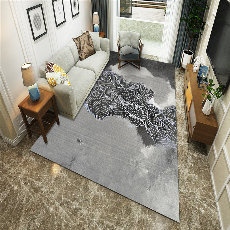 Sikunuo | New Chinoiserie Area Rug Multi Colored Abstract Wave Rug Stain Resistant Washable Non-Slip Backing Rug for Lounge