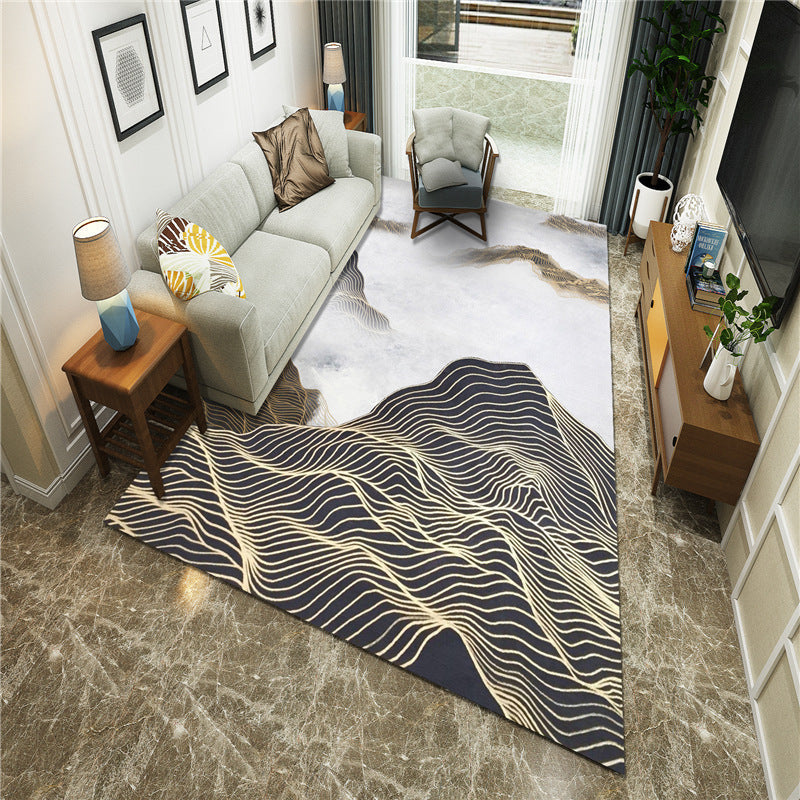 Sikunuo | New Chinoiserie Area Rug Multi Colored Abstract Wave Rug Stain Resistant Washable Non-Slip Backing Rug for Lounge