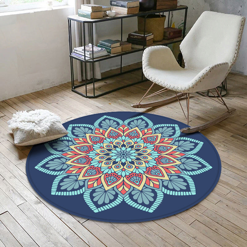 Sikunuo | Aesthetic Mandala Rug Multicolored Moroccan Rug Polyester Non-slip Back Washable Stain-resistant Rug for Room
