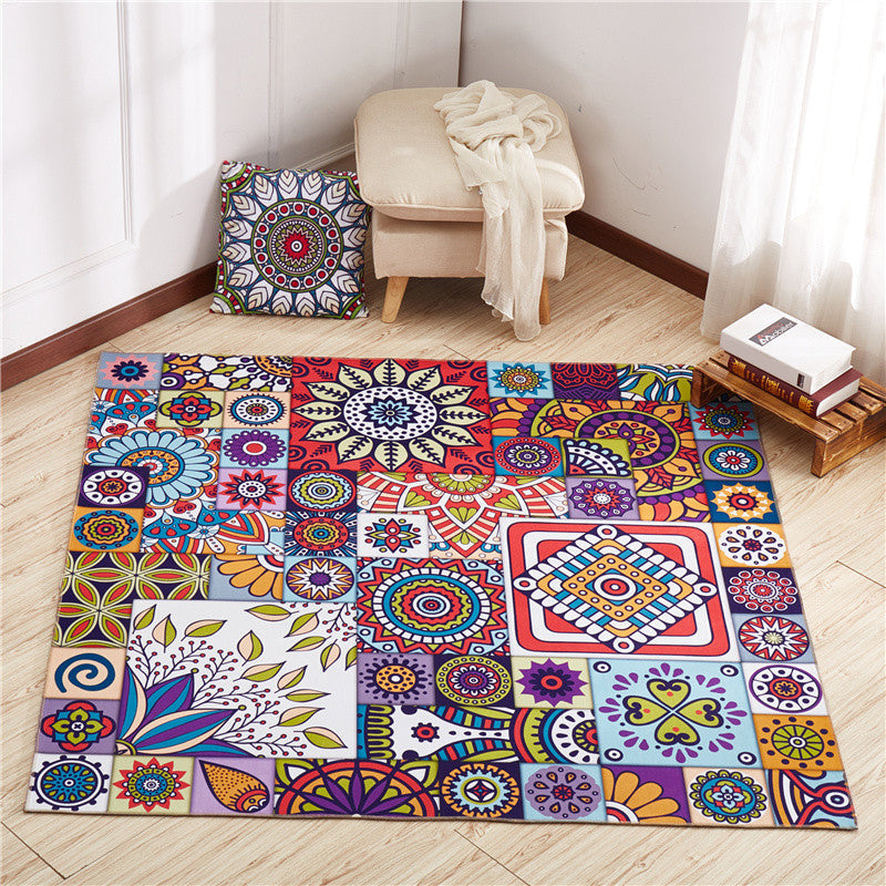 Sikunuo | Moroccan Mandala Patchwork Carpet Colorful Polyester Carpet Pet Friendly Non-Slip Machine Washable Carpet for Large Room