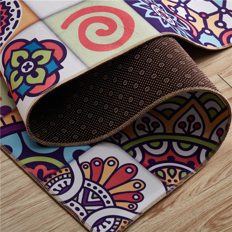 Sikunuo | Moroccan Mandala Patchwork Carpet Colorful Polyester Carpet Pet Friendly Non-Slip Machine Washable Carpet for Large Room