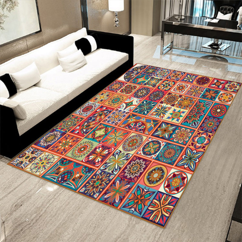 Sikunuo | Multicolored floral mosaic print carpet polypropylene Moroccan indoor carpet machine washable non-slip backing pet-friendly carpet for home