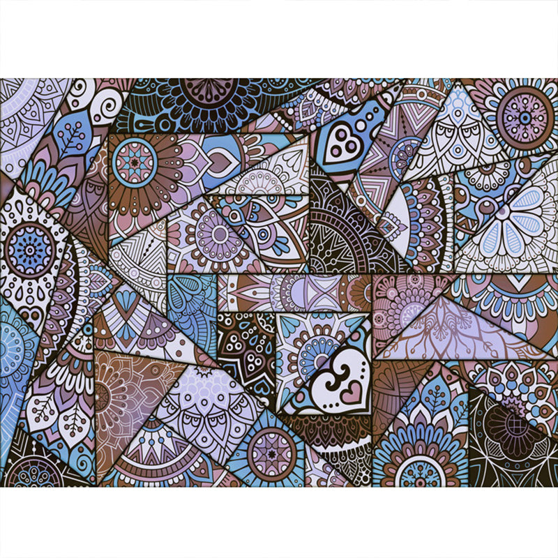 Sikunuo | Multicolored floral mosaic print carpet polypropylene Moroccan indoor carpet machine washable non-slip backing pet-friendly carpet for home