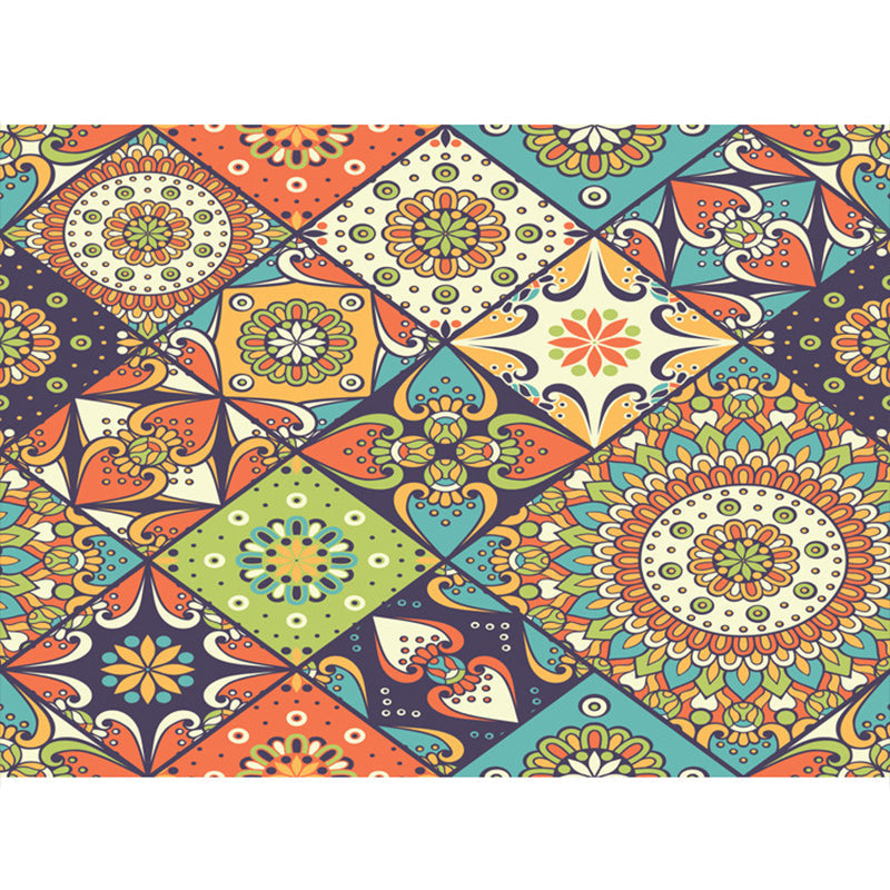Sikunuo | Multicolored floral mosaic print carpet polypropylene Moroccan indoor carpet machine washable non-slip backing pet-friendly carpet for home