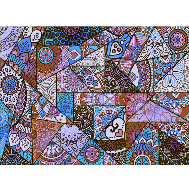 Sikunuo | Multicolored floral mosaic print carpet polypropylene Moroccan indoor carpet machine washable non-slip backing pet-friendly carpet for home