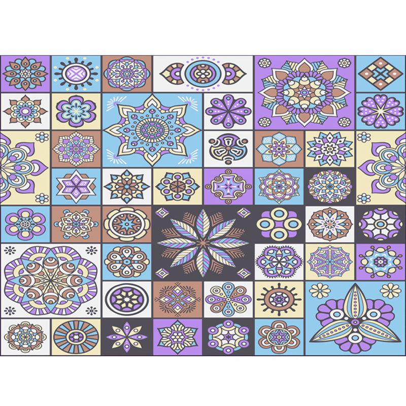 Sikunuo | Multicolored floral mosaic print carpet polypropylene Moroccan indoor carpet machine washable non-slip backing pet-friendly carpet for home