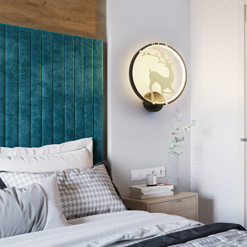 Sikunuo | Contemporary Black/White Acrylic Ring Wall Light LED Wall Mount Lighting Ideas with Sika Deer Pattern