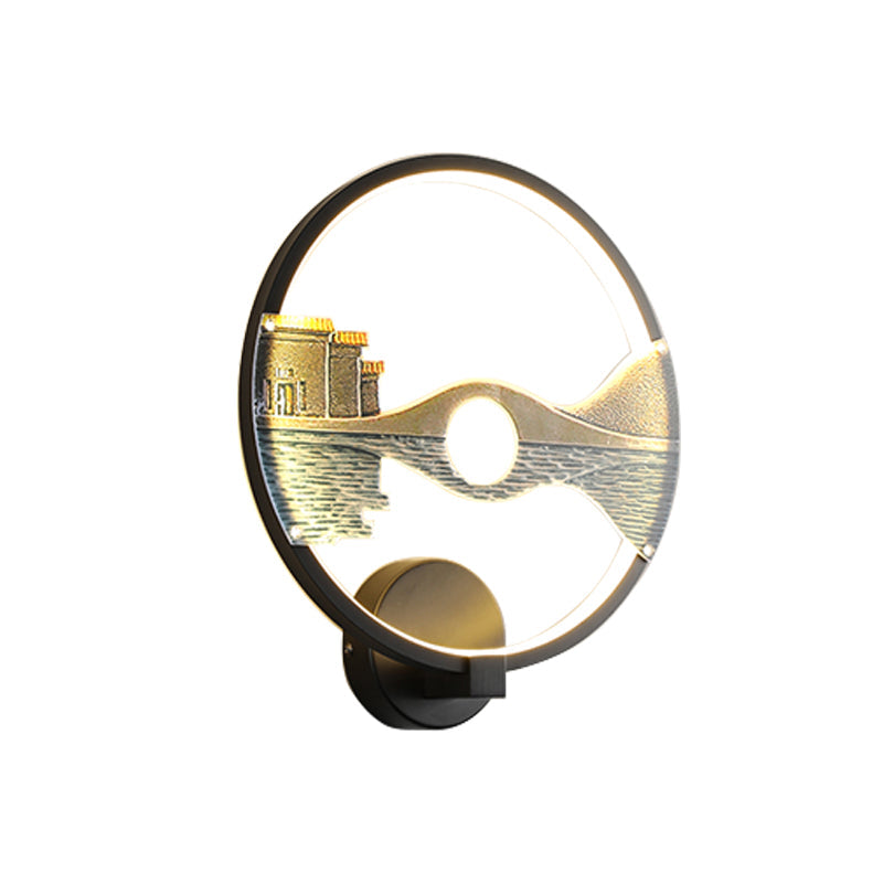 Sikunuo | Black/White Round Wall Light LED Acrylic Wall Mount Lamp with Chinese Landscape Pattern, 12 Diameter"