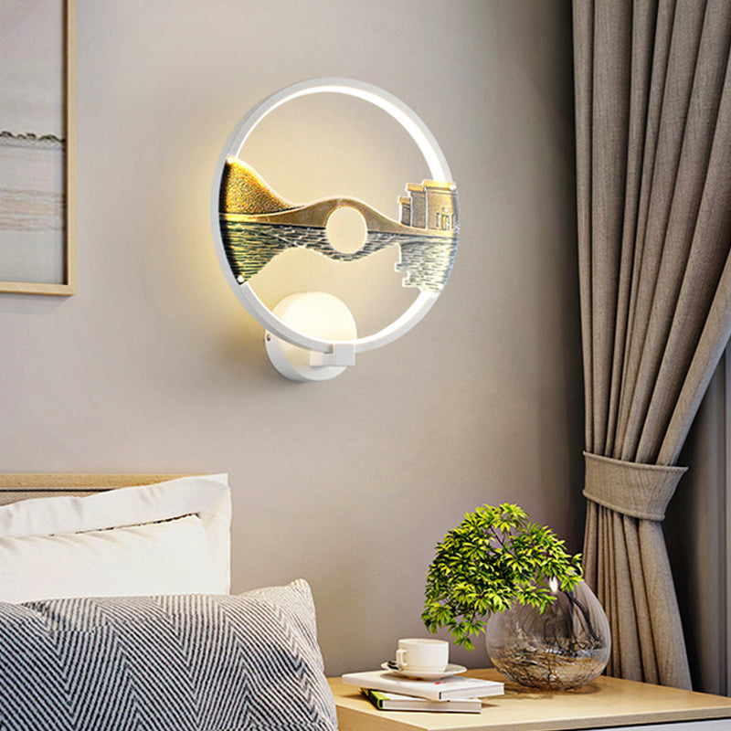 Sikunuo | Black/White Round Wall Light LED Acrylic Wall Mount Lamp with Chinese Landscape Pattern, 12 Diameter"