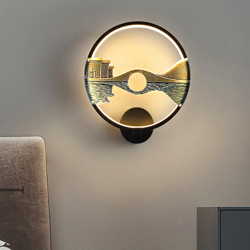 Sikunuo | Black/White Round Wall Light LED Acrylic Wall Mount Lamp with Chinese Landscape Pattern, 12 Diameter"