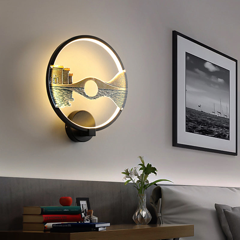 Sikunuo | Black/White Round Wall Light LED Acrylic Wall Mount Lamp with Chinese Landscape Pattern, 12 Diameter"