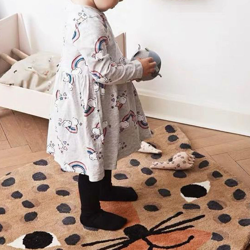 Sikunuo | Multicolored animal print rug made of cotton blend, adorable rug for the area, pet-friendly, easy-care rug for the bedroom