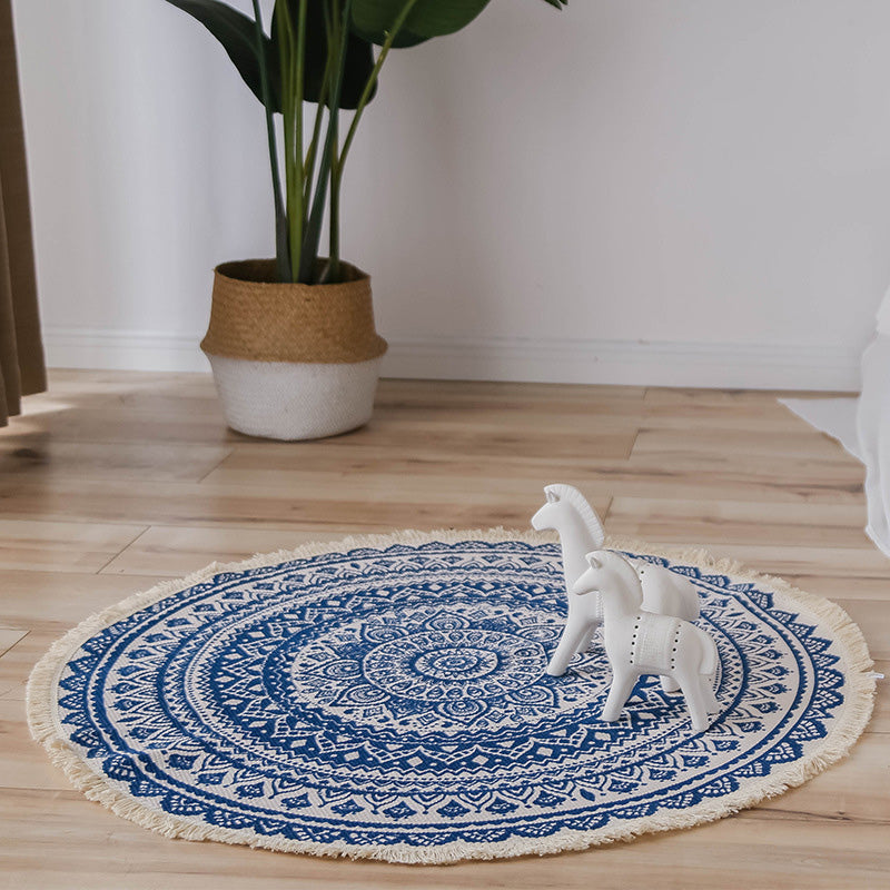Sikunuo | Moroccan Living Room Rug Multicolored Tribal Totem Print Rug Cotton Blend Machine Washable Rug with Fringe