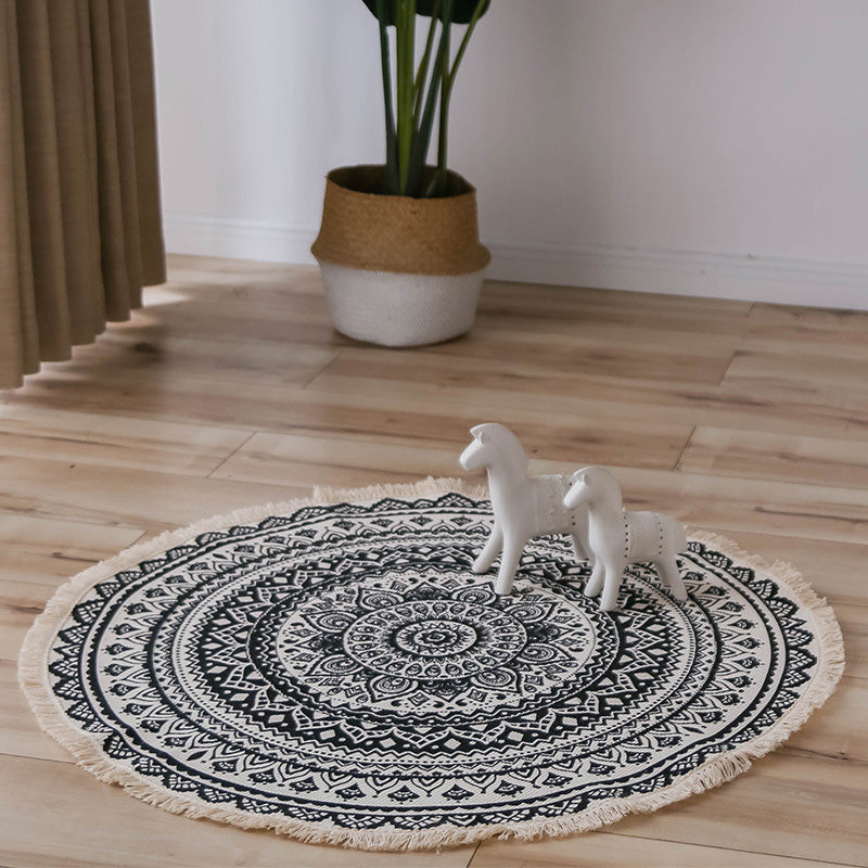 Sikunuo | Moroccan Living Room Rug Multicolored Tribal Totem Print Rug Cotton Blend Machine Washable Rug with Fringe
