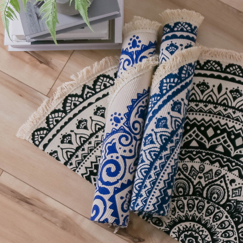 Sikunuo | Moroccan Living Room Rug Multicolored Tribal Totem Print Rug Cotton Blend Machine Washable Rug with Fringe