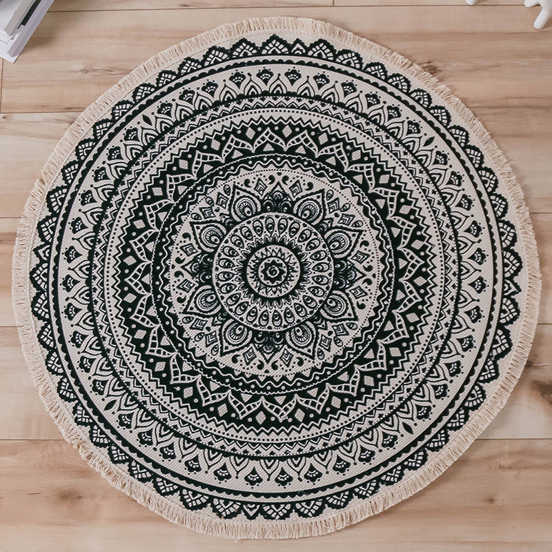 Sikunuo | Moroccan Living Room Rug Multicolored Tribal Totem Print Rug Cotton Blend Machine Washable Rug with Fringe