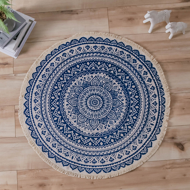 Sikunuo | Moroccan Living Room Rug Multicolored Tribal Totem Print Rug Cotton Blend Machine Washable Rug with Fringe