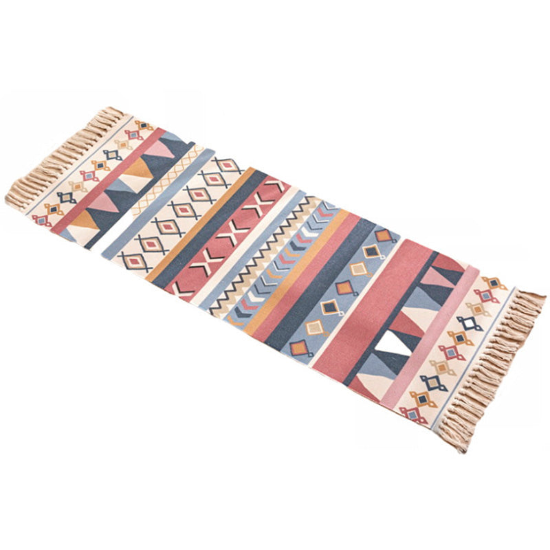 Sikunuo | Nostalgia Tribal Pattern Rug Multicolored Synthetic Area Rug Pet-Friendly Easy Care Rug with Fringes for Bedroom