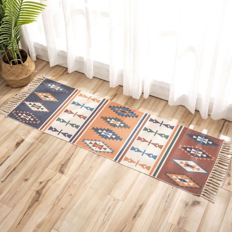 Sikunuo | Nostalgia Tribal Pattern Rug Multicolored Synthetic Area Rug Pet-Friendly Easy Care Rug with Fringes for Bedroom
