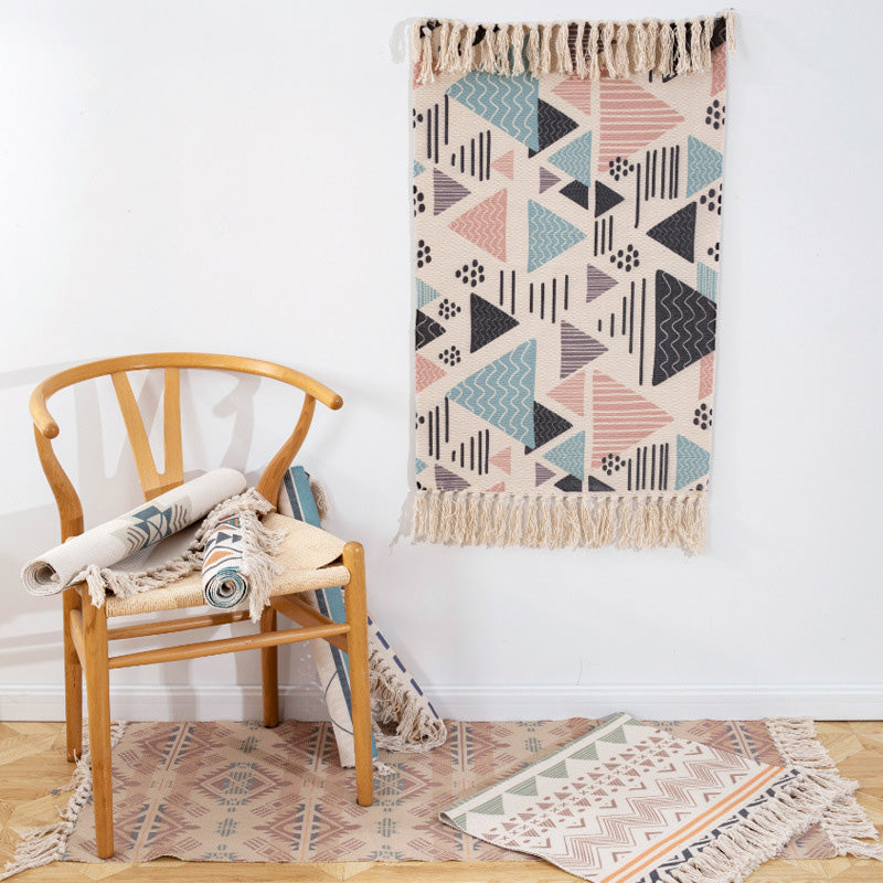 Sikunuo | Americana Bedroom Rug Multicolored geometric print area rug machine washable easy care with fringes