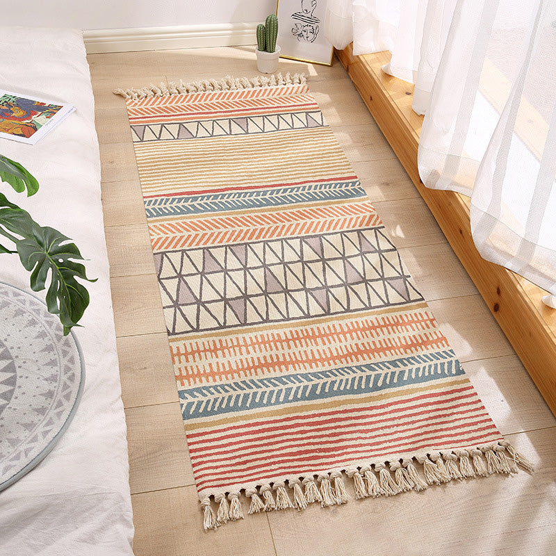 Sikunuo | Americana Bedroom Rug Multicolored geometric print area rug machine washable easy care with fringes