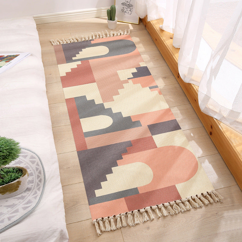 Sikunuo | Americana Bedroom Rug Multicolored geometric print area rug machine washable easy care with fringes
