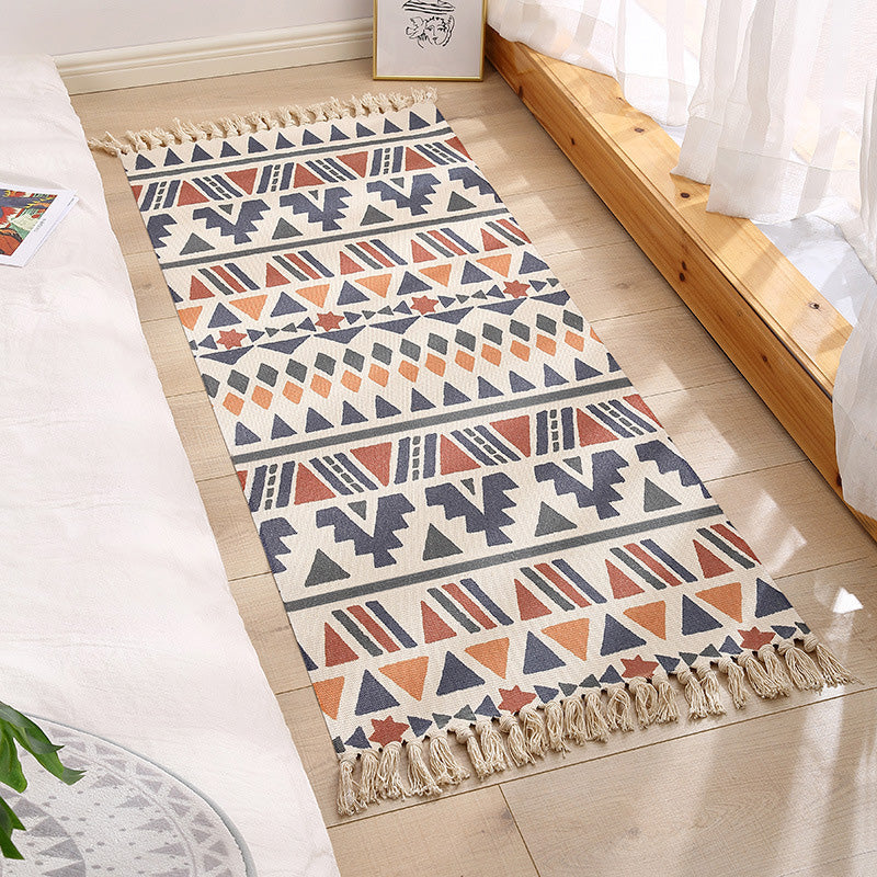 Sikunuo | Americana Bedroom Rug Multicolored geometric print area rug machine washable easy care with fringes