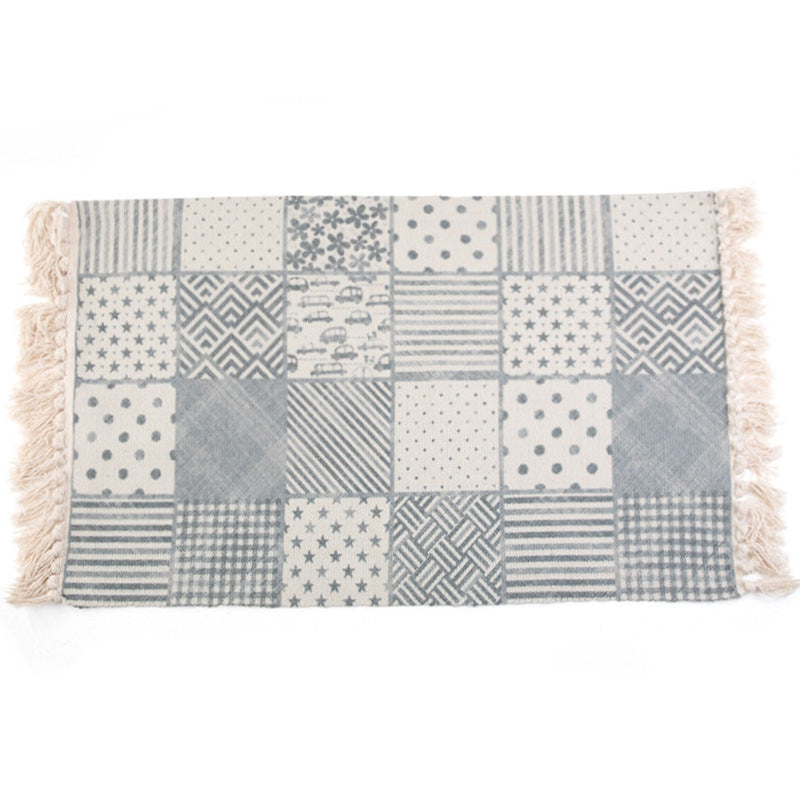 Sikunuo | Retro Bedroom Rug Multicolored Geometric Print Area Rug Fabric Machine Washable Carpet with Fringe