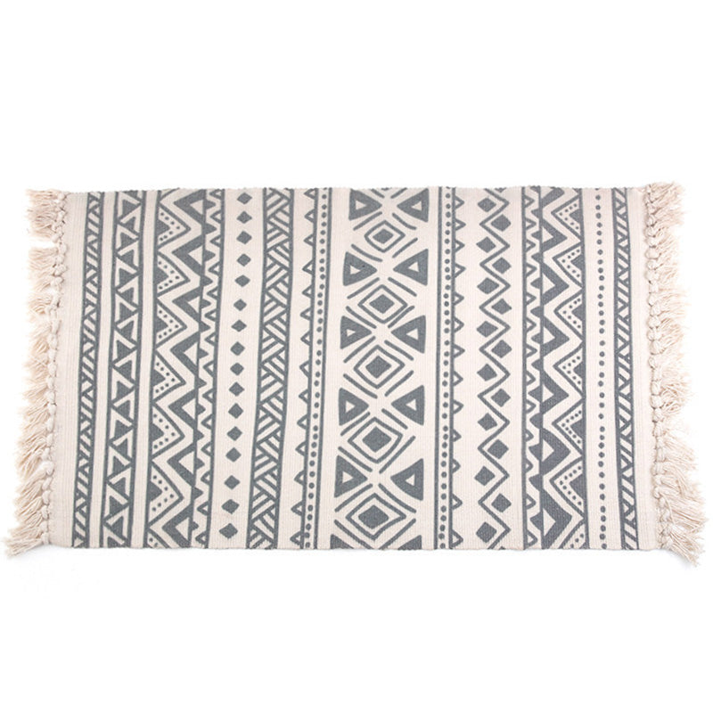 Sikunuo | Retro Bedroom Rug Multicolored Geometric Print Area Rug Fabric Machine Washable Carpet with Fringe