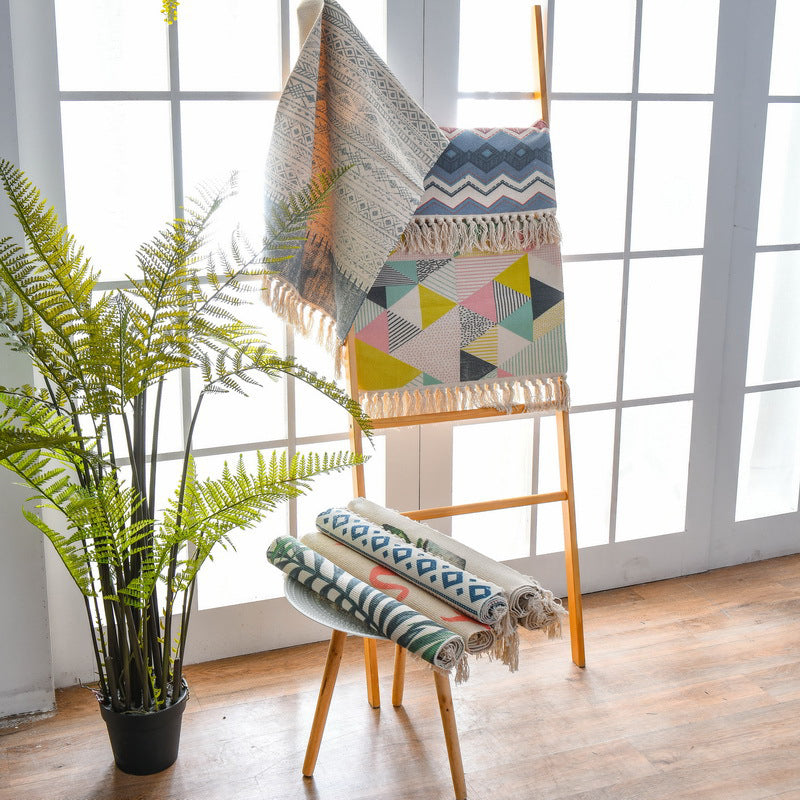 Sikunuo | Western Bedroom Carpet Multicolored geometric print rug cotton blend machine washable easy care with fringes
