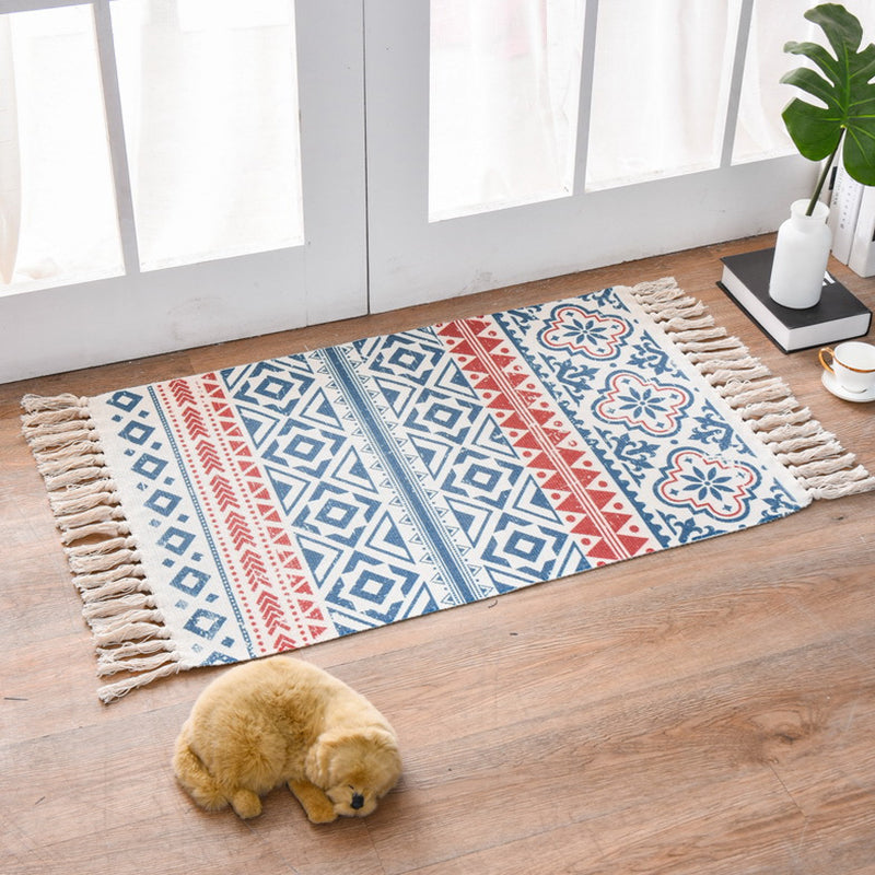 Sikunuo | Western Bedroom Carpet Multicolored geometric print rug cotton blend machine washable easy care with fringes