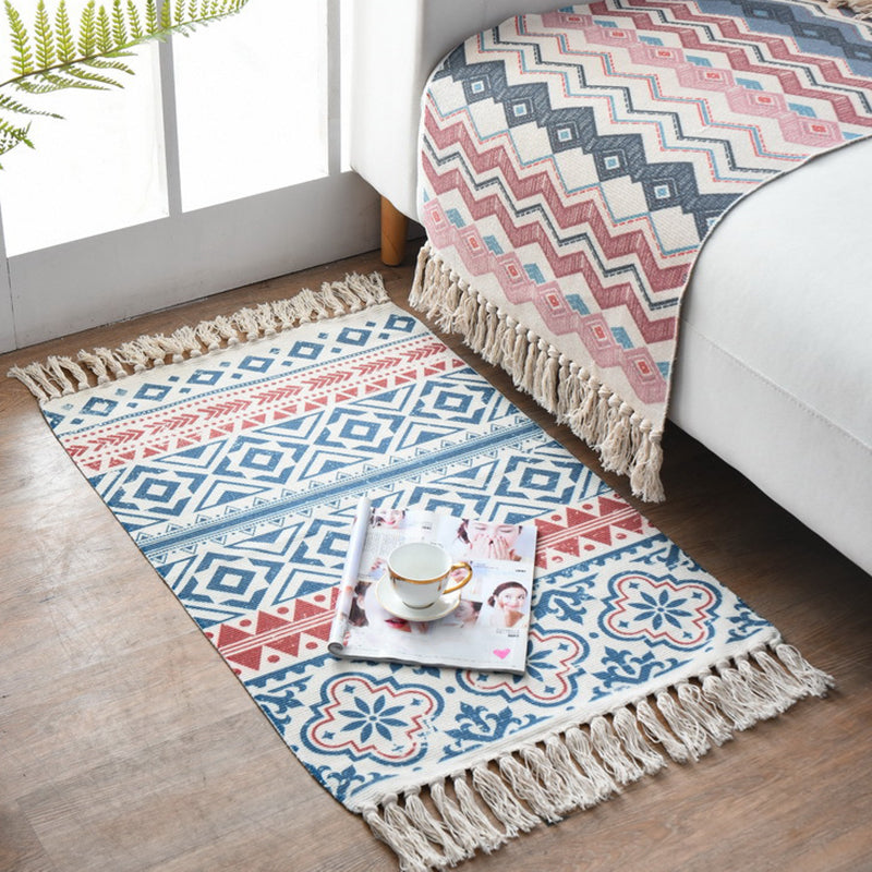 Sikunuo | Western Bedroom Carpet Multicolored geometric print rug cotton blend machine washable easy care with fringes