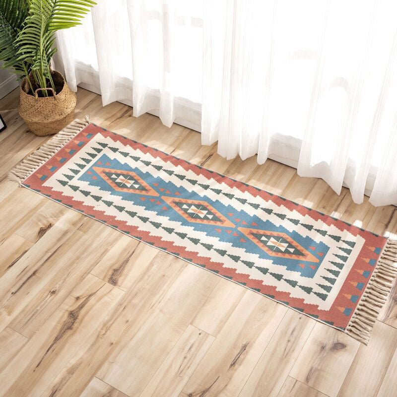 Sikunuo | Nostalgia Tribal Pattern Rug Multicolored Synthetic Area Rug Pet-Friendly Easy Care Rug with Fringes for Bedroom