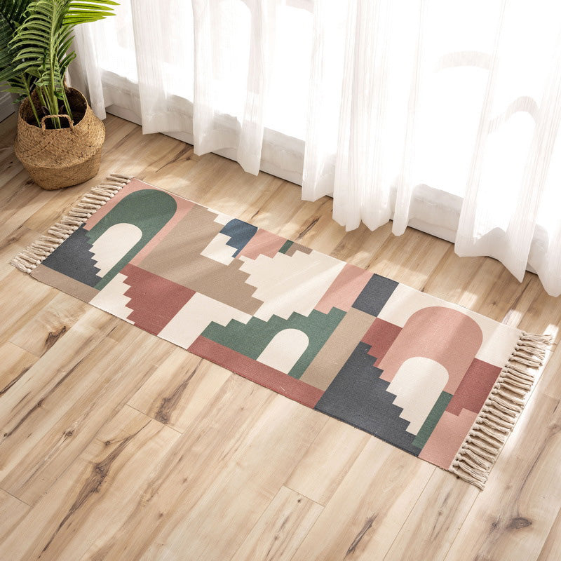 Sikunuo | Nostalgia Tribal Pattern Rug Multicolored Synthetic Area Rug Pet-Friendly Easy Care Rug with Fringes for Bedroom