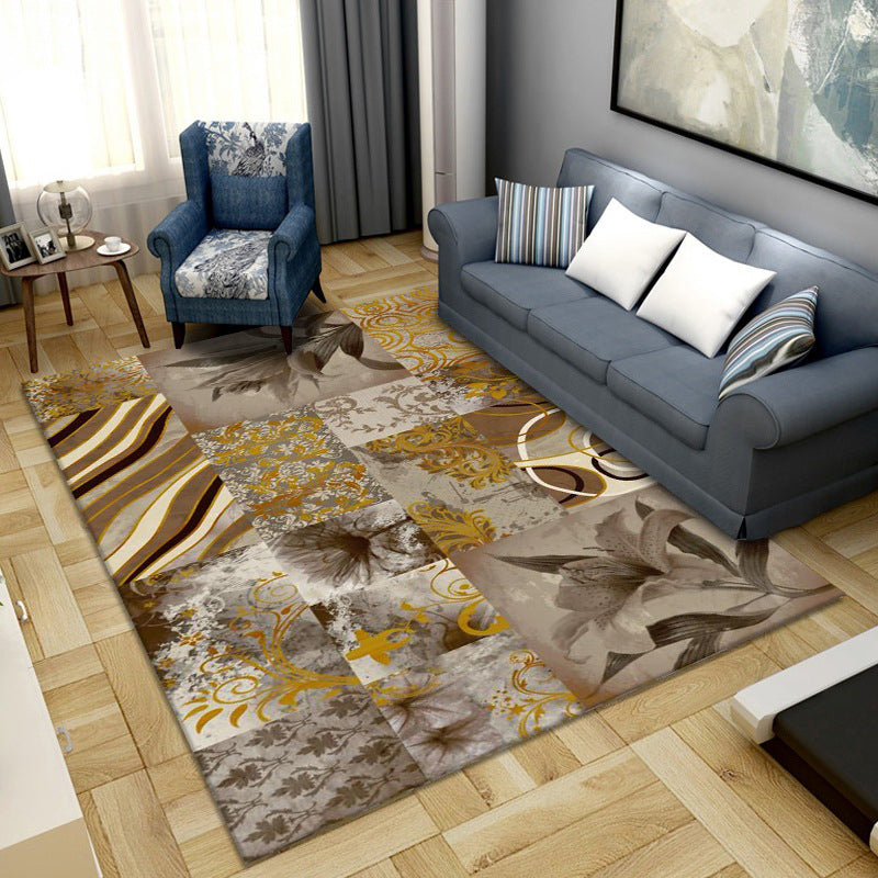 Sikunuo | Simple Color Block Rug Multicolored Synthetic Area Rug Non-Slip Back Washable Easy-Care Rug for the Living Room