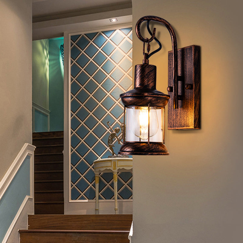 Sikunuo | Iron Lantern Wall Light Retro Style Single Bulb Restaurant Wall Lighting Fixture in Bronze